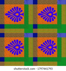 Seamless paisley pattern with checks and texture background
