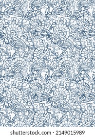 seamless paisley pattern. ethnic paisley pattern and folk flowers. detailed beautiful paisleys with floral elements background. Painted in blue-indigo.