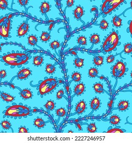Seamless paisley pattern with folk tropical flowers. Indian stylized floral texture for textile or wrap. Festival oriental style