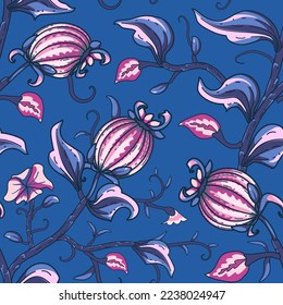 Patrón paisley sin foco con flores tropicales folclóricas. Textura floral estilizada india para textil carnavalesco o envoltura. Festival de estilo oriental con boteh o buta