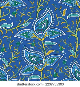 Seamless paisley pattern with folk tropical flowers. Indian stylized floral texture for carnival textile or wrap. Festival oriental style using mehdi leaves