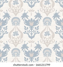 Seamless paisley pattern in french blue linen shabby chic style. Hand drawn floral damask texture. Old white blue background. Interior wallpaper home decor swatch. Ornate flourish motif all over print