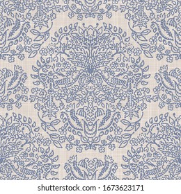 Seamless paisley pattern in french blue linen shabby chic style. Hand drawn floral damask texture. Old white blue background. Interior wallpaper home decor swatch. Ornate flourish motif all over print