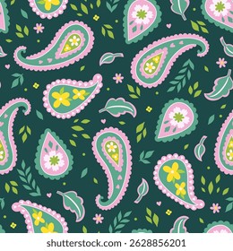 Seamless paisley pattern in green and pink colors. Vector graphics.