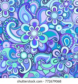 Seamless paisley pattern with hand drawn floral ornament for textile, fabric, cards, wrapping paper, wallpapers. Vector illustration with flowers, curls based on asian elements, blue and violet color