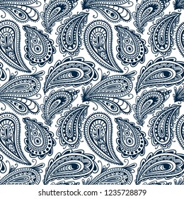 Seamless paisley pattern. Hand-drawn doodle ornament. Oriental motifs. Lace print for textiles. Vector illustration.