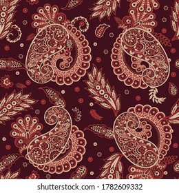 Patrón Paisley sin inconvenientes en estilo batik indio. Ilustración vectorial floral