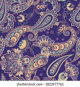 Seamless Paisley pattern in indian batik style. Floral vector illustration