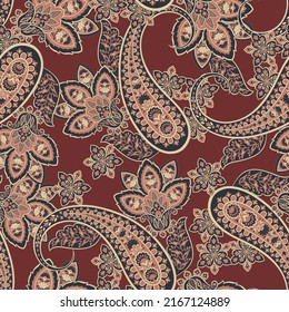 Patrón Paisley sin inconvenientes en estilo batik indio. Ilustración vectorial floral
