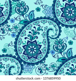 Seamless Paisley pattern in indian style. Floral wallpaper. Decorative ornament for fabric, textile, wrapping paper. Indigo traditional paisley pattern