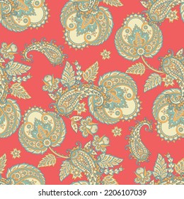 Seamless Paisley pattern in indian textile style. Floral vector illustration