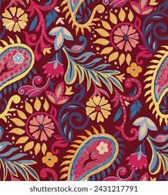 seamless paisley pattern. Indonesian batik. Red wallpaper with paisley and stylized flowers. Stylized flowers pattern. Design for web, fabric, textile, cover, invitation, poster, wrapping paper