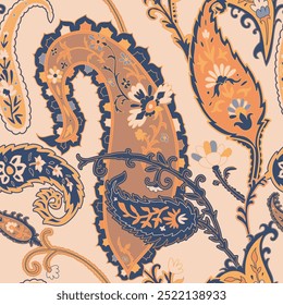 Seamless paisley pattern with navy blue and orange floral accents. This vector design offers a modern take on a classic style, perfect for textiles and wallpapers.