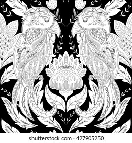 Seamless paisley pattern  on background with stylized birds. Ornamental damask print, vector illustration for coloring page, book, wrapping, wallpaper, fabric, textile