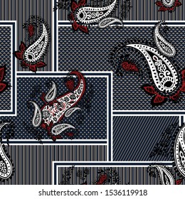 seamless paisley pattern on stripe retro background