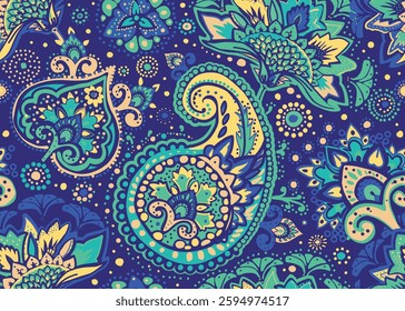 Seamless paisley pattern in Oriental style with floral and ethnic motifs for printed fabric, wallpaper, and packaging