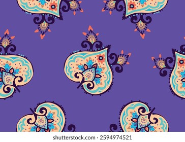 Seamless paisley pattern in Oriental style with floral and ethnic motifs for printed fabric, wallpaper, and packaging
