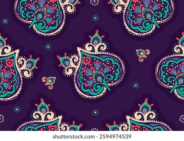 Seamless paisley pattern in Oriental style with floral and ethnic motifs for printed fabric, wallpaper, and packaging