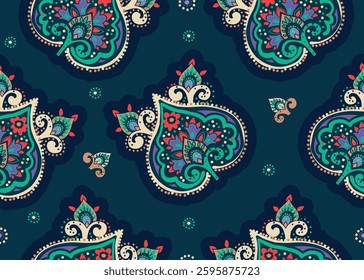 Seamless paisley pattern in Oriental style with floral and ethnic motifs for printed fabric, wallpaper, and packaging