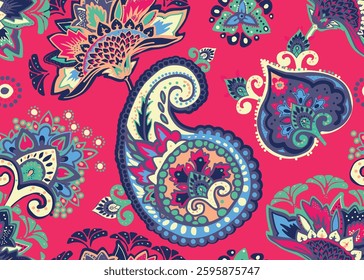Seamless paisley pattern in Oriental style with floral and ethnic motifs for printed fabric, wallpaper, and packaging