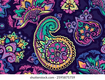 Seamless paisley pattern in Oriental style with floral and ethnic motifs for printed fabric, wallpaper, and packaging