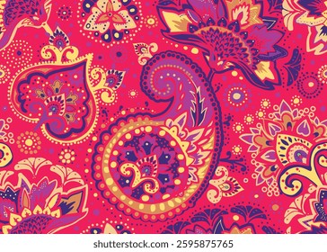 Seamless paisley pattern in Oriental style with floral and ethnic motifs for printed fabric, wallpaper, and packaging