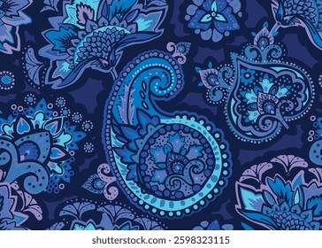 Seamless paisley pattern in Oriental style with floral and ethnic motifs for printed fabric, wallpaper, and packaging
