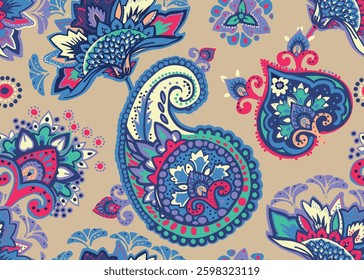 Seamless paisley pattern in Oriental style with floral and ethnic motifs for printed fabric, wallpaper, and packaging