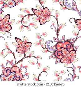 Seamless paisley pattern with pink baroque leaves and flowers. Hand drawn oriental tiles with turkish kukumber or buta. Vector laced decorative background. Floral textile. Indian or turkish motif