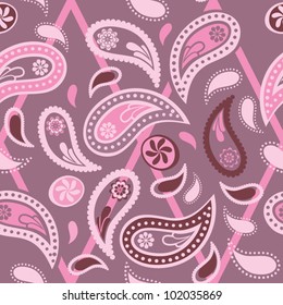 Seamless paisley pattern, pink color variation. Pattern color swatch included