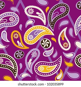 Seamless paisley pattern, purple color variation. Pattern color swatch included