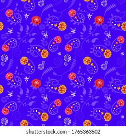 Seamless paisley pattern. Red, orange, pink and yellow floral elements on a blue background. Trendy patterns. Vector graphics.