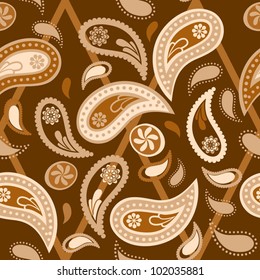 Seamless paisley pattern, sepia color variation. Pattern color swatch included