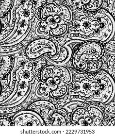 Seamless paisley pattern with stamped distressed effect. abstract ethnic paisley pattern in Indian style  black and white background.