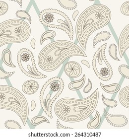 Seamless paisley pattern, thin lines variation. Pattern color swatch included