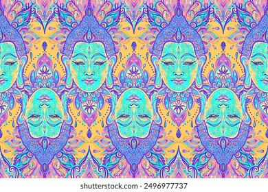 Seamless paisley pattern. Vector illustration. Hippie inspired background. Psychedelic concept. Buddhism, trance music. Esoteric art.