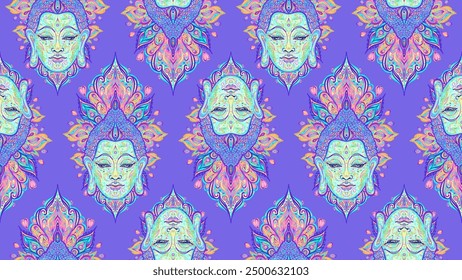 Seamless paisley pattern. Vector illustration. Hippie inspired background. Psychedelic concept. Buddhism, trance music. Esoteric art.