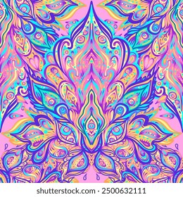 Seamless paisley pattern. Vector illustration. Hippie inspired background. Psychedelic concept. Buddhism, trance music. Esoteric art.