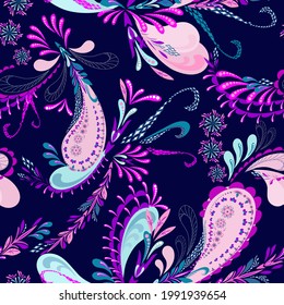 Seamless paisley pattern. Vector with purple and pink decorative and plant elements on a dark background for trendy and traditional prints on fabrics, wallpapers, paper