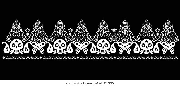 Seamless paisley and skull motif floral textile border. Ikat floral paisley embroidery on black background.geometric ethnic oriental pattern traditional.Aztec style abstract vector illustration.