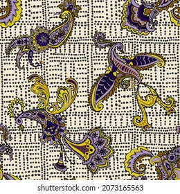 Seamless paisley style birds pattern overlay on dotted linear checkered texture. Fantasy animals. Folk Oriental motif with simple geometric texture. Ethnic design for surface print.