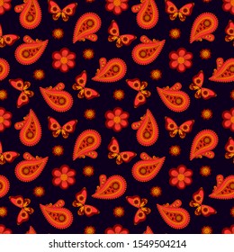 Seamless paisley style pattern. Against a dark background, red-orange Turkish cucumbers, flowers and butterflies shine brightly. Print for textiles and paper. Vector illustration.