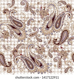 Seamless paisley vector pattern mixed with pied-de-poule pattern