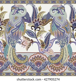 Seamless paisley vector pattern with stylized birds. Decoration neckerchief, oriental neck print, floral chinese ornament, decorative border for textile, wrapping, wallpaper. Bohemian boho design