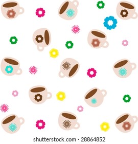 seamless pale coffe cups and bright flowers pattern