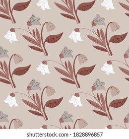 Seamless pale pattern with brown flowers bouquet silhouettes. Forest village floral elements on pastel background. Designed for fabric design, textile print, wrapping, cover. Vector illustration.