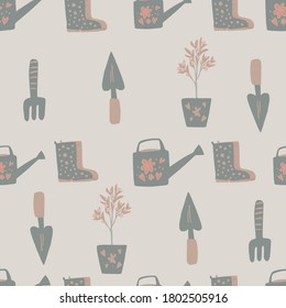 Patrón inmaculado con adorno de herramientas de jardín. Fondo gris pastel claro. Viñeta Doodle. Diseñado para papel pintado, textil, papel envolvente, impresión de tela. Ilustración vectorial.