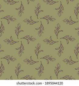 Seamless pale pattern with outline simple foliage branches shapes. Green background. Plants ornament. Flat vector print for textile, fabric, giftwrap, wallpapers. Endless illustration.