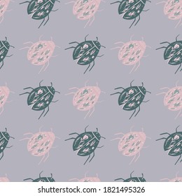 Seamless pale pattern with scarab beetle ornament. Pink and grey colores bugs on light purple background. Perfect for wallpaper, textile, wrapping paper, fabric print. Vector illustration.