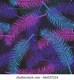Seamless palm leaf blue violet pattern background. Tropical leaves vector backdrop for print or website.